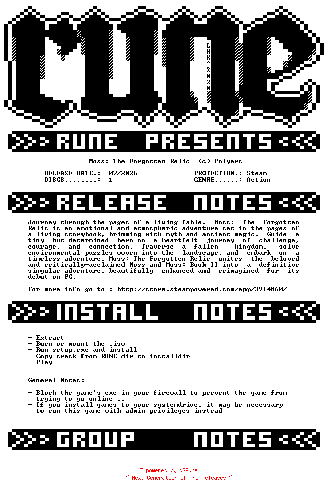 NFO for the release Moss.The.Forgotten.Relic-RUNE by RUNE