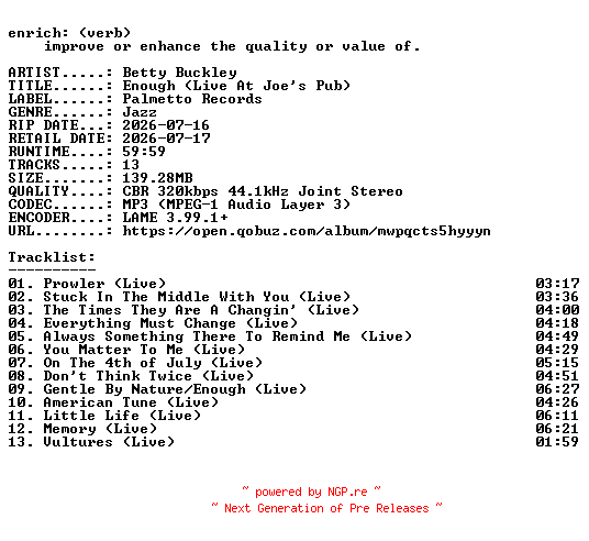 NFO for the release Betty_Buckley-Enough_(Live_At_Joes_Pub)-WEB-2026-ENRiCH by ENRiCH