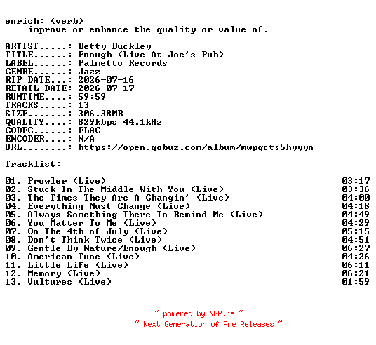 NFO for the release Betty_Buckley-Enough_(Live_At_Joes_Pub)-16BIT-WEB-FLAC-2026-ENRiCH by ENRiCH