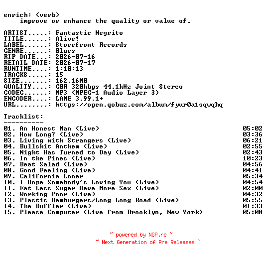 NFO for the release Fantastic_Negrito-Alive-WEB-2026-ENRiCH by ENRiCH