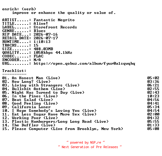 NFO for the release Fantastic_Negrito-Alive-16BIT-WEB-FLAC-2026-ENRiCH by ENRiCH