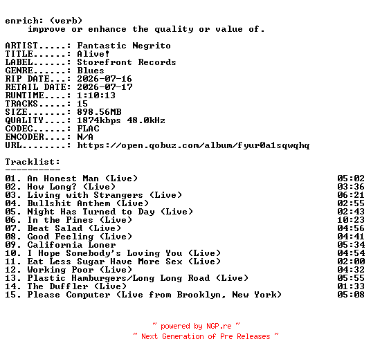 NFO for the release Fantastic_Negrito-Alive-24BIT-WEB-FLAC-2026-ENRiCH by ENRiCH