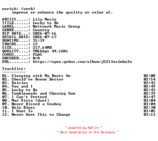 NFO for the release Lily_Meola-Lucky_to_Be-16BIT-WEB-FLAC-2026-ENRiCH by ENRiCH