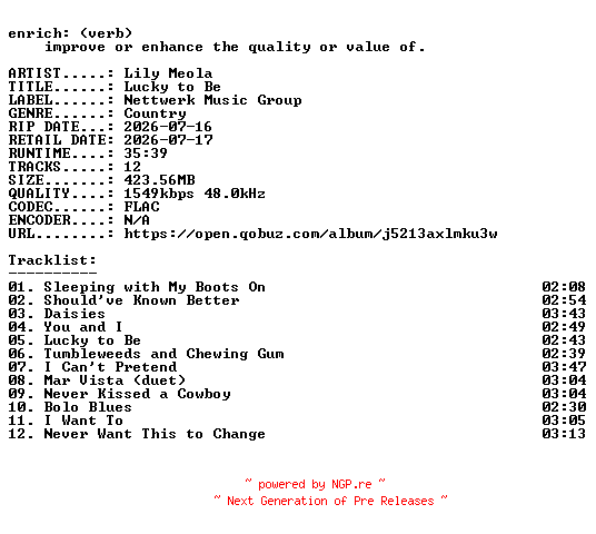 NFO for the release Lily_Meola-Lucky_to_Be-24BIT-WEB-FLAC-2026-ENRiCH by ENRiCH