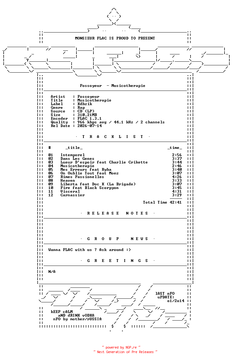 NFO for the release Fossoyeur-Musicotherapie-FR-CD-FLAC-2013-Mrflac by Mrflac