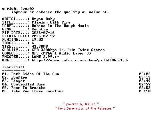 NFO for the release Bryan_Ruby-Playing_With_Fire-EP-WEB-2026-ENRiCH by ENRiCH