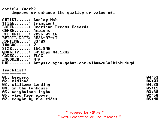 NFO for the release Lesley_Mok-transient-16BIT-WEB-FLAC-2026-ENRiCH by ENRiCH