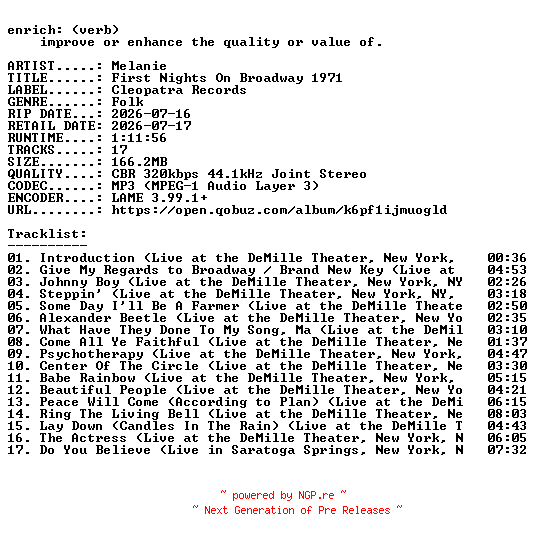 NFO for the release Melanie-First_Nights_On_Broadway_1971-WEB-2026-ENRiCH by ENRiCH