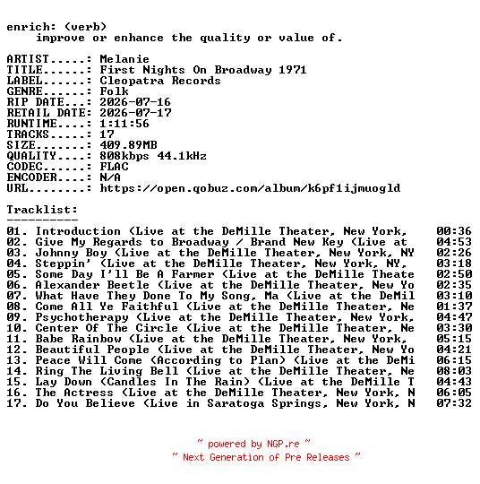NFO for the release Melanie-First_Nights_On_Broadway_1971-16BIT-WEB-FLAC-2026-ENRiCH by ENRiCH