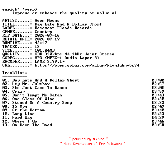 NFO for the release Neon_Moons-Day_Late_And_A_Dollar_Short-WEB-2026-ENRiCH by ENRiCH