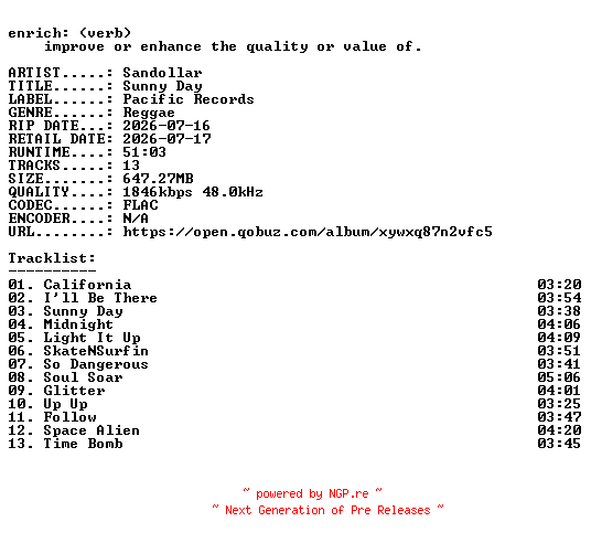 NFO for the release Sandollar-Sunny_Day-24BIT-WEB-FLAC-2026-ENRiCH by ENRiCH