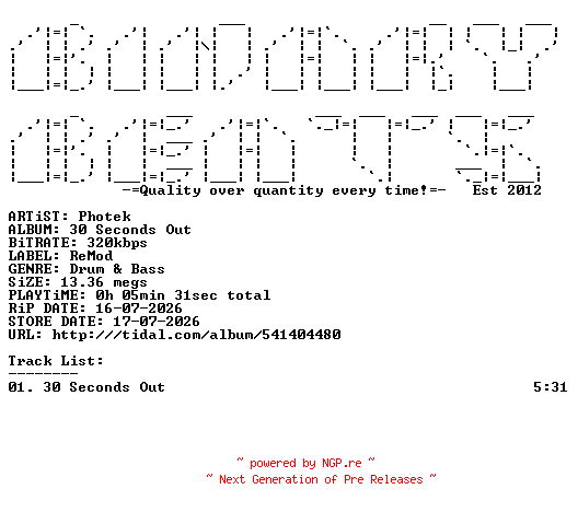 NFO for the release Photek-30_Seconds_Out-(REMOD001E)-SINGLE-WEB-2026-BB by BB