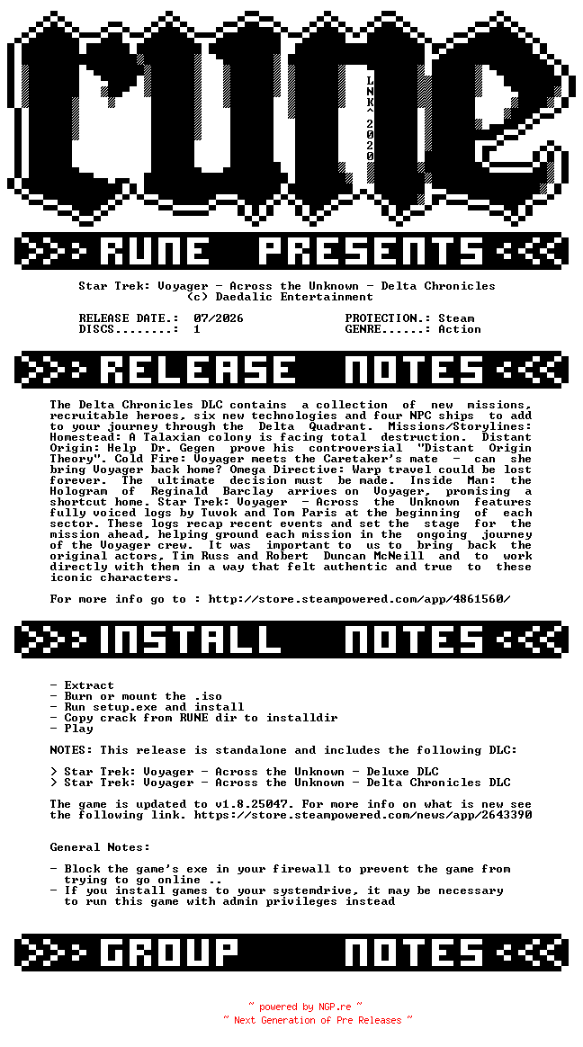 NFO for the release Star.Trek.Voyager.Across.the.Unknown.Delta.Chronicles-RUNE by RUNE