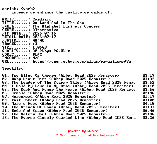 NFO for the release Cardiacs-On_Land_And_In_The_Sea-REMASTERED-24BIT-WEB-FLAC-2026-ENRiCH by ENRiCH