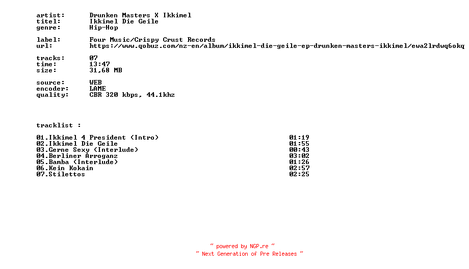 NFO for the release Drunken_Masters_X_Ikkimel_-_Ikkimel_Die_Geile-REPACK-WEB-DE-2026-BITCOINS by BITCOINS