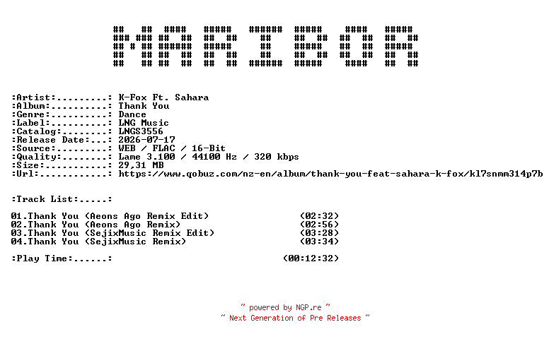 NFO for the release K-Fox_Ft._Sahara-Thank_You-(LNGS3556)-WEB-2026-MARiBOR by MARiBOR