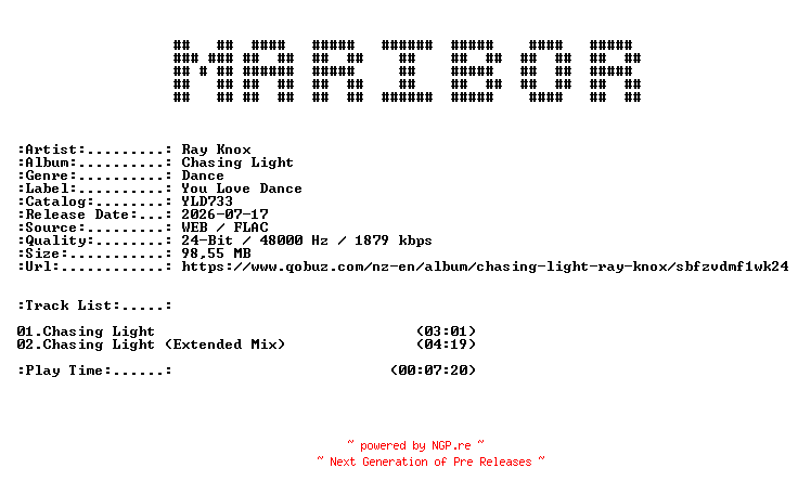 NFO for the release Ray_Knox-Chasing_Light-(YLD733)-24BIT-WEB-FLAC-2026-MARiBOR by MARiBOR