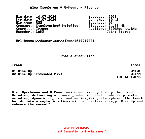 NFO for the release Alex_Speckmann_And_U-Mount_-_Rise_Up-(SMEL173)-WEB-2026-FMC by FMC