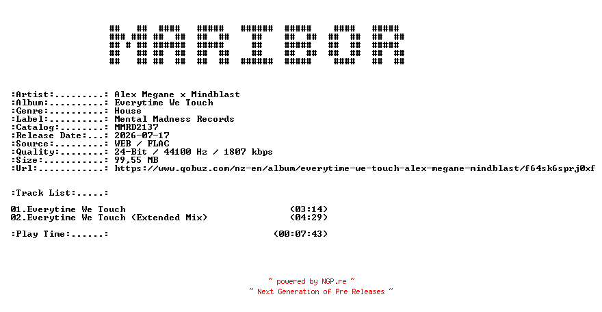 NFO for the release Alex_Megane_x_Mindblast-Everytime_We_Touch-(MMRD2137)-24BIT-WEB-FLAC-2026-MARiBOR by MARiBOR