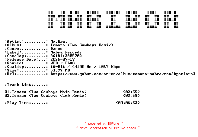 NFO for the release Ma.Bra.-Temazo_(Two_Cowboys_Remix)-ES-16BIT-WEB-FLAC-2026-MARiBOR by MARiBOR