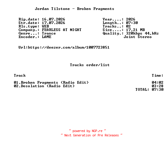NFO for the release Jordan_Tilstone_-_Broken_Fragments_(Radio_Edits)-(FAN001STR02)-WEB-2026-FMC by FMC