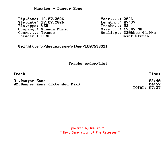 NFO for the release Nucrise_-_Danger_Zone-(SND548)-WEB-2026-FMC by FMC