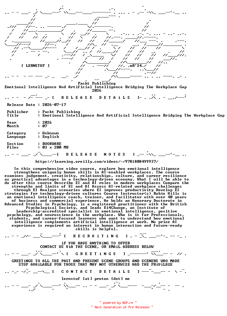NFO for the release Packt.Publishing.-.Emotional.Intelligence.And.Artificial.Intelligence.Bridging.The.Workplace.Gap.2026.BOOKWARE-LERNSTUF by LERNSTUF
