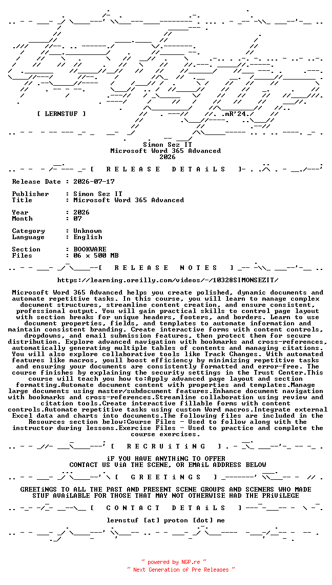 NFO for the release Simon.Sez.IT.-.Microsoft.Word.365.Advanced.2026.BOOKWARE-LERNSTUF by LERNSTUF