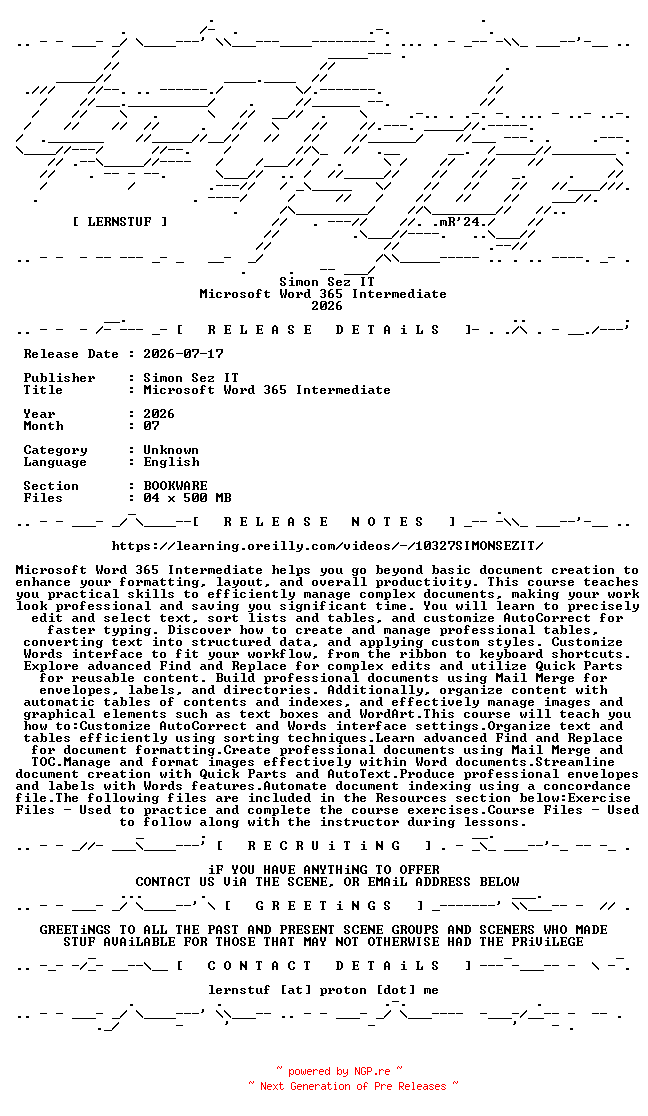 NFO for the release Simon.Sez.IT.-.Microsoft.Word.365.Intermediate.2026.BOOKWARE-LERNSTUF by LERNSTUF