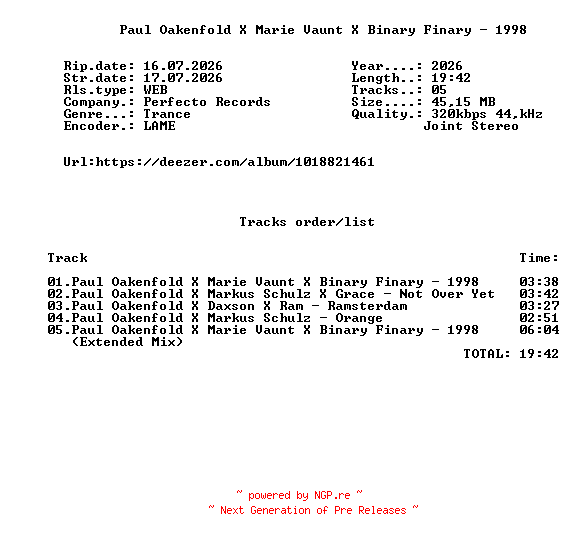 NFO for the release Paul_Oakenfold_X_Marie_Vaunt_X_Binary_Finary_-_1998-(PFTO2037)-WEB-2026-FMC by FMC