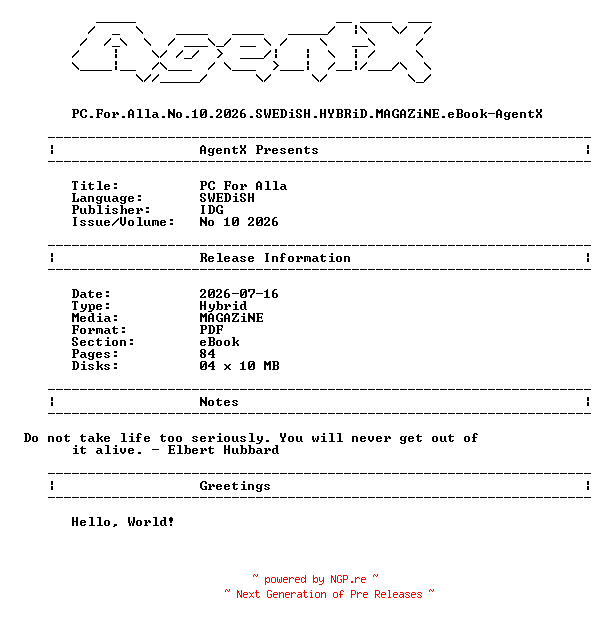 NFO for the release PC.For.Alla.No.10.2026.SWEDiSH.HYBRiD.MAGAZiNE.eBook-AgentX by AgentX