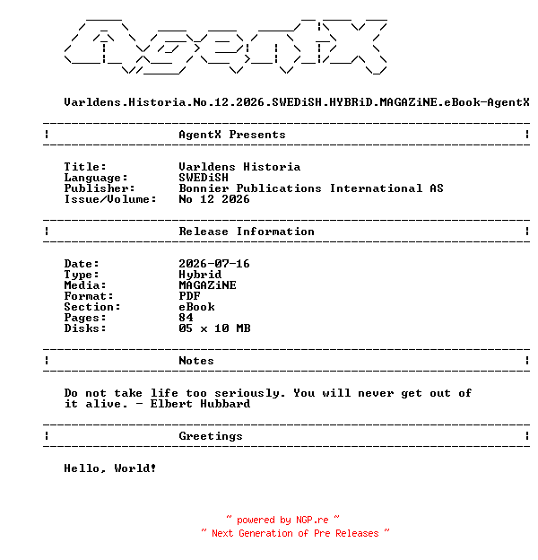 NFO for the release Varldens.Historia.No.12.2026.SWEDiSH.HYBRiD.MAGAZiNE.eBook-AgentX by AgentX
