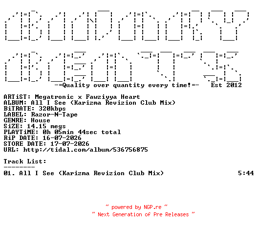 NFO for the release Megatronic_x_Fawziyya_Heart-All_I_See_(Karizma_Revizion_Club_Mix)-(RNTD137S1)-SINGLE-WEB-2026-BB by BB