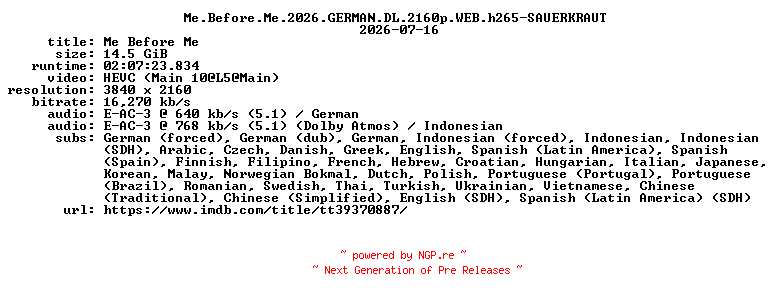 NFO for the release Me.Before.Me.2026.GERMAN.DL.2160p.WEB.h265-SAUERKRAUT by SAUERKRAUT