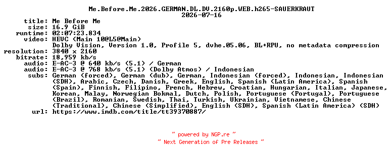 NFO for the release Me.Before.Me.2026.GERMAN.DL.DV.2160p.WEB.h265-SAUERKRAUT by SAUERKRAUT