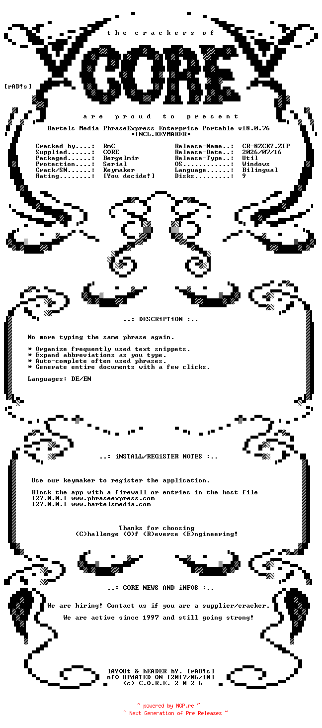 NFO for the release Bartels.Media.PhraseExpress.Enterprise.Portable.v18.0.76.Bilingual.Incl.Keymaker-CORE by CORE