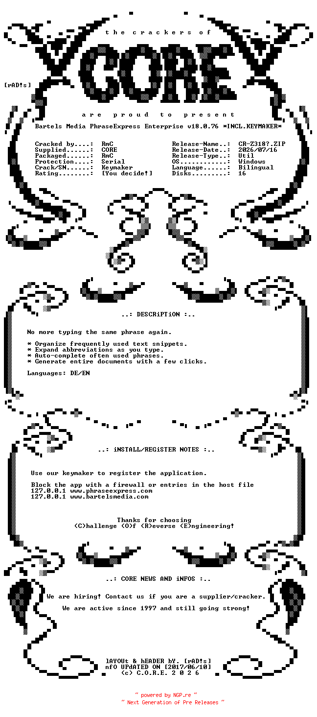 NFO for the release Bartels.Media.PhraseExpress.Enterprise.v18.0.76.Bilingual.Incl.Keymaker-CORE by CORE