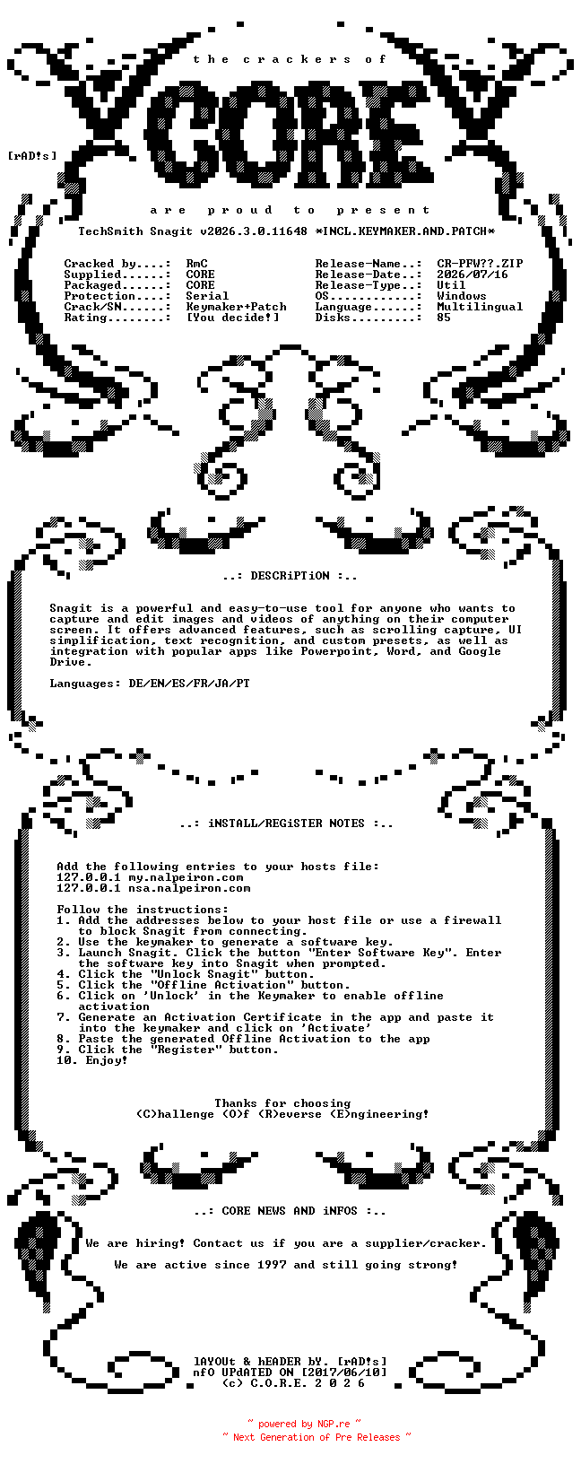 NFO for the release TechSmith.Snagit.v2026.3.0.11648.x64.Multilingual.Incl.Keymaker.and.Patch-CORE by CORE