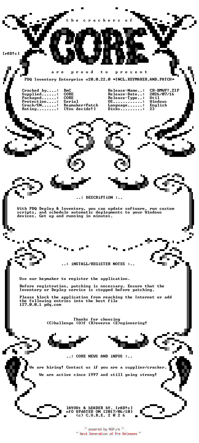 NFO for the release PDQ.Inventory.Enterprise.v20.0.22.0.Incl.Keymaker.and.Patch-CORE by CORE