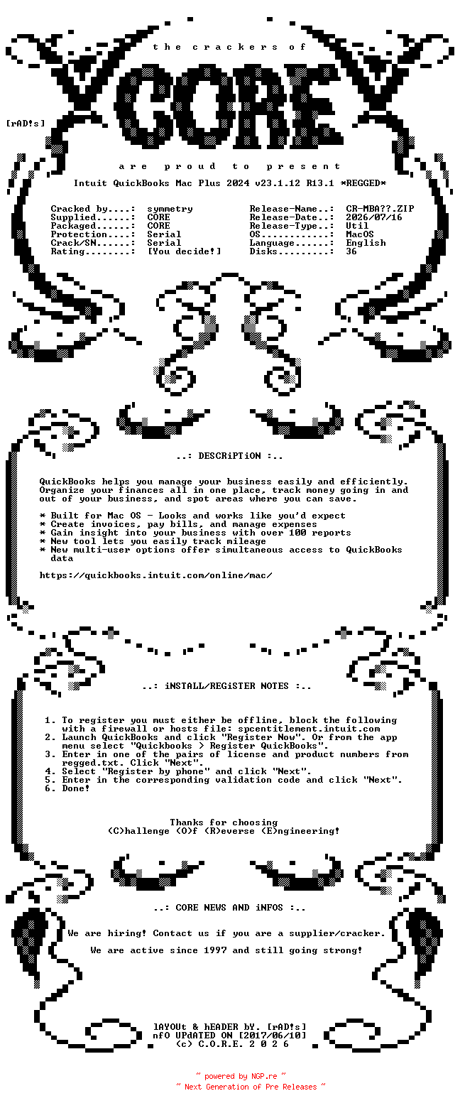 NFO for the release Intuit.QuickBooks.Mac.Plus.2024.v23.1.12.R13.1.MacOS.UB.Regged-CORE by CORE