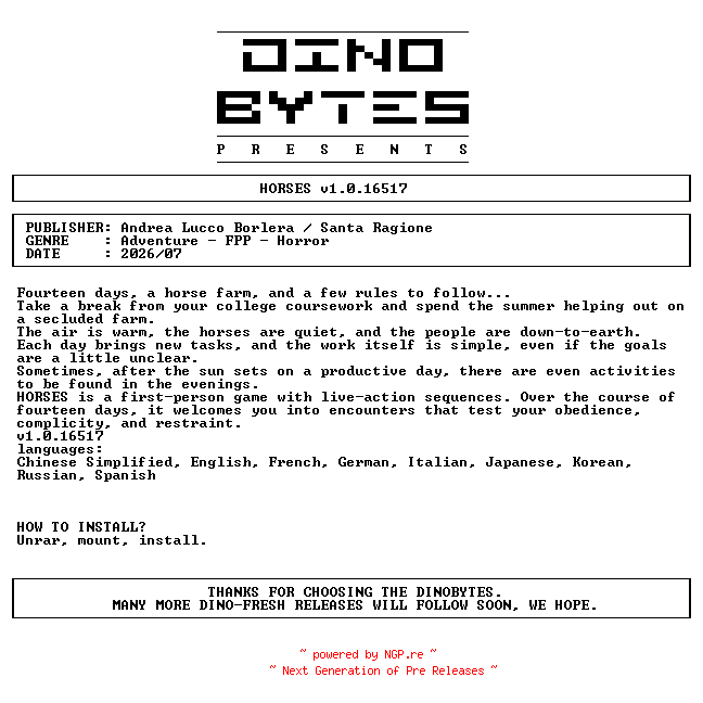 NFO for the release HORSES_v1.0.16517-DINOByTES by DINOByTES