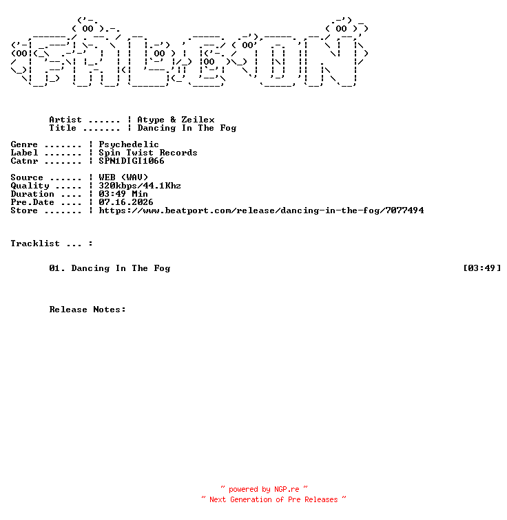 NFO for the release Atype_And_Zeilex-Dancing_In_The_Fog-(SPN1DIGI1066)-SINGLE-WEB-2026-FALCON by FALCON