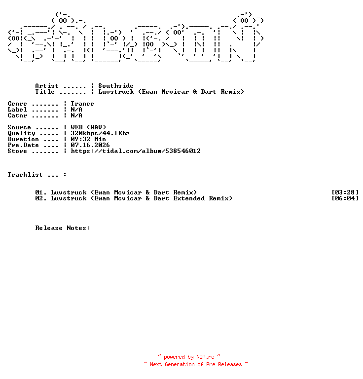 NFO for the release Southside-Luvstruck_Ewan_Mcvicar_And_DART_Remix-WEB-2026-FALCON by FALCON