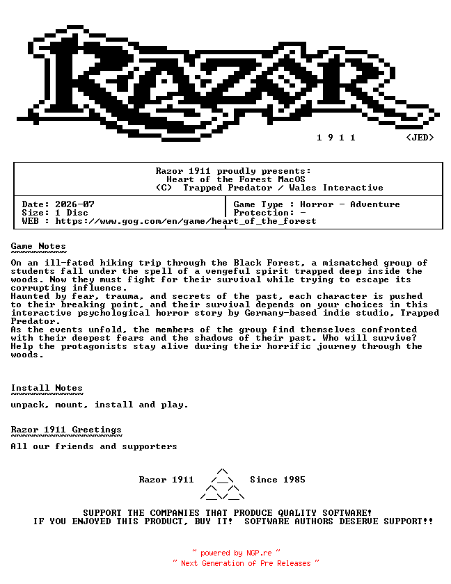 NFO for the release Heart_of_the_Forest_MacOS-Razor1911 by Razor1911