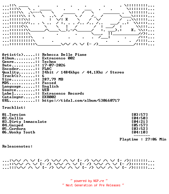 NFO for the release Rebecca_Delle_Piane-Extrasenso_002-EXR002-24BIT-WEB-FLAC-2026-WAVED by WAVED