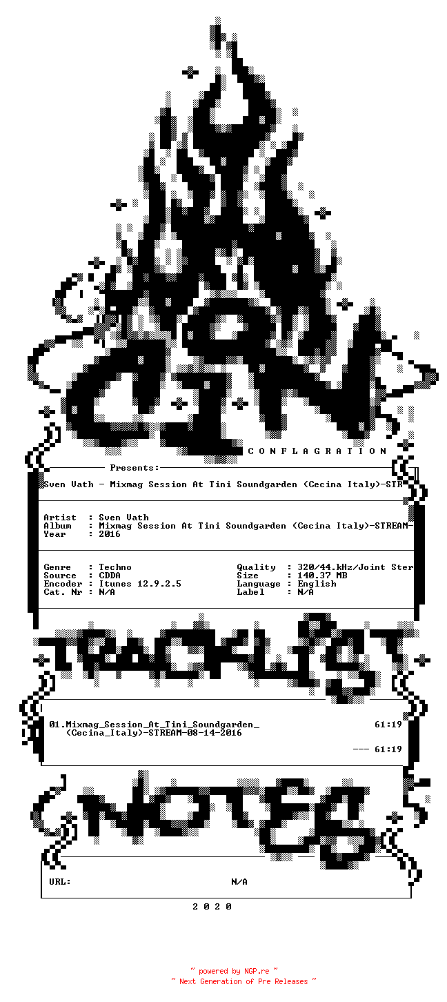 NFO for the release Sven_Vath-Mixmag_Session_At_Tini_Soundgarden_(Cecina_Italy)-STREAM-08-14-2016-CiN_INT by CiN_INT