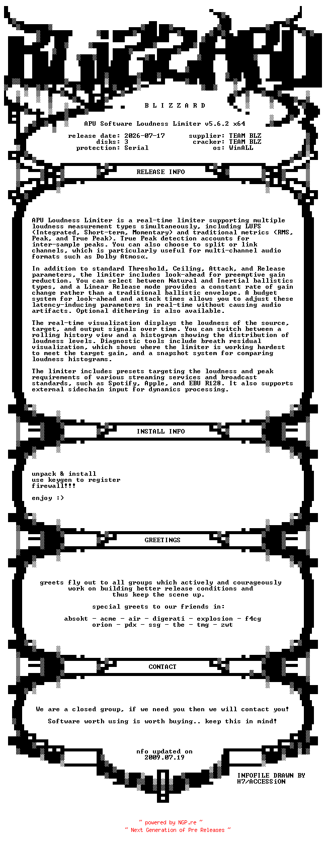 NFO for the release APU.Software.Loudness.Limiter.v5.6.2.x64.WinALL.Incl.Keygen-BLiZZARD by BLiZZARD