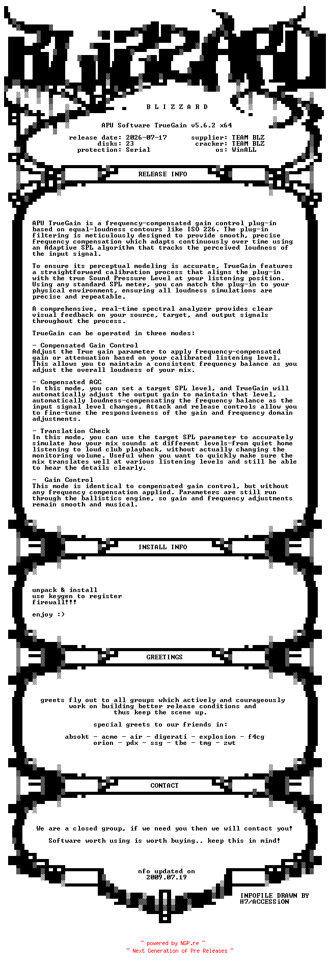 NFO for the release APU.Software.TrueGain.v5.6.2.x64.WinALL.Incl.Keygen-BLiZZARD by BLiZZARD
