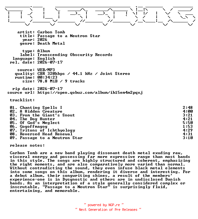 NFO for the release Carbon_Tomb-Passage_to_a_Neutron_Star-WEB-2026-BLEEDiNG by BLEEDiNG