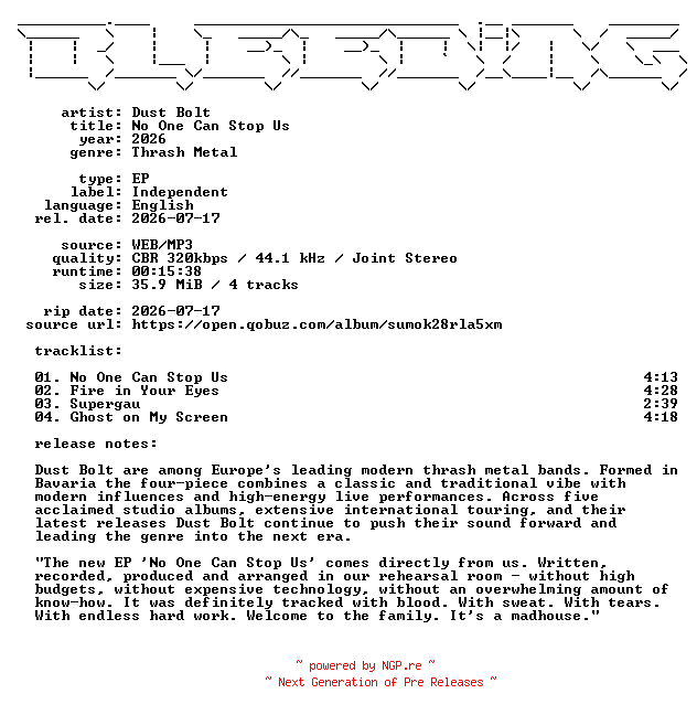 NFO for the release Dust_Bolt-No_One_Can_Stop_Us-EP-WEB-2026-BLEEDiNG by BLEEDiNG